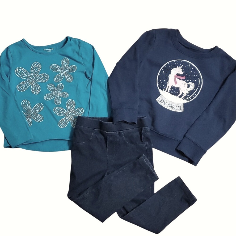 Girls Size 4 Outfits-Garanimals Long Sleeve Floral Shirt & Jeggings+ Unicorn Top